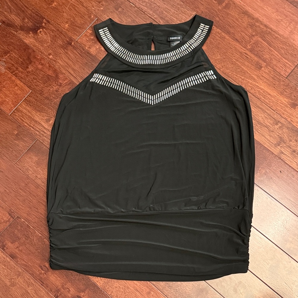 Torrid Black Silver Beaded Neck Mesh Detailing Sleeveless Blouse 2X